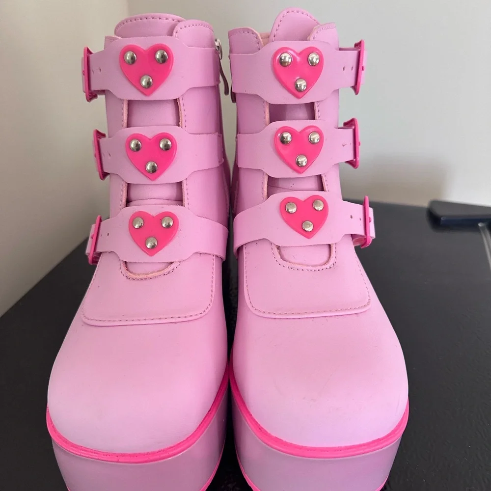 Pink Platform Wedge Ankle Boots with Heart Buckles